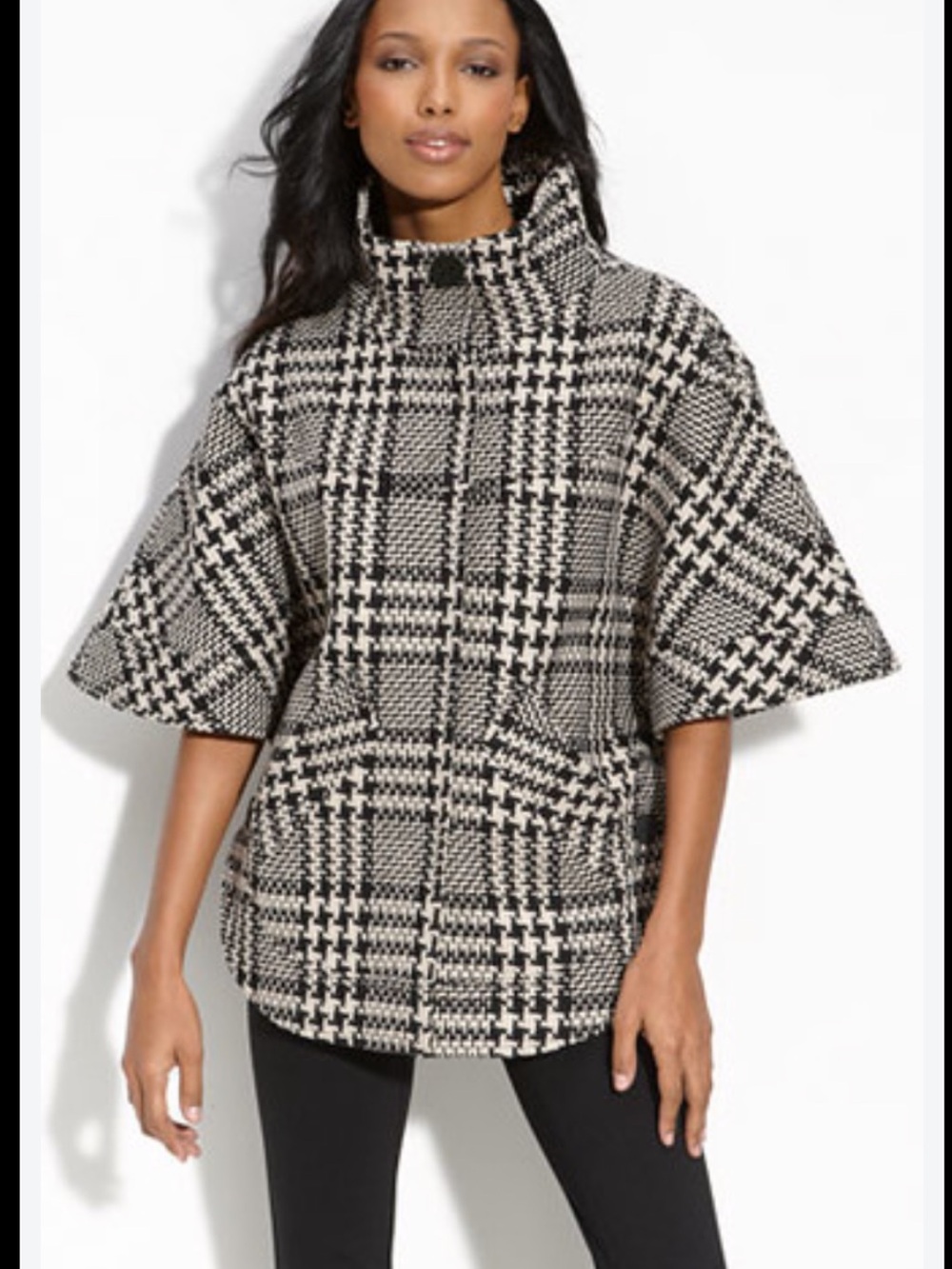 Tahari one size Houndstooth wool blend Short-Sleeve Poncho cape Sweater jacket